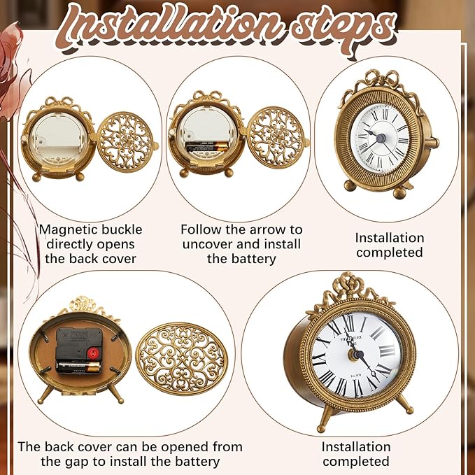 Liliaafar 2 Pack Vintage Gold Brass Table Clock, Silent Shelf Desk Top Small Clock Battery Operated Classic Home Decor for Living Room, Bedroom, Bedside, Office, Gift for Women,Mom