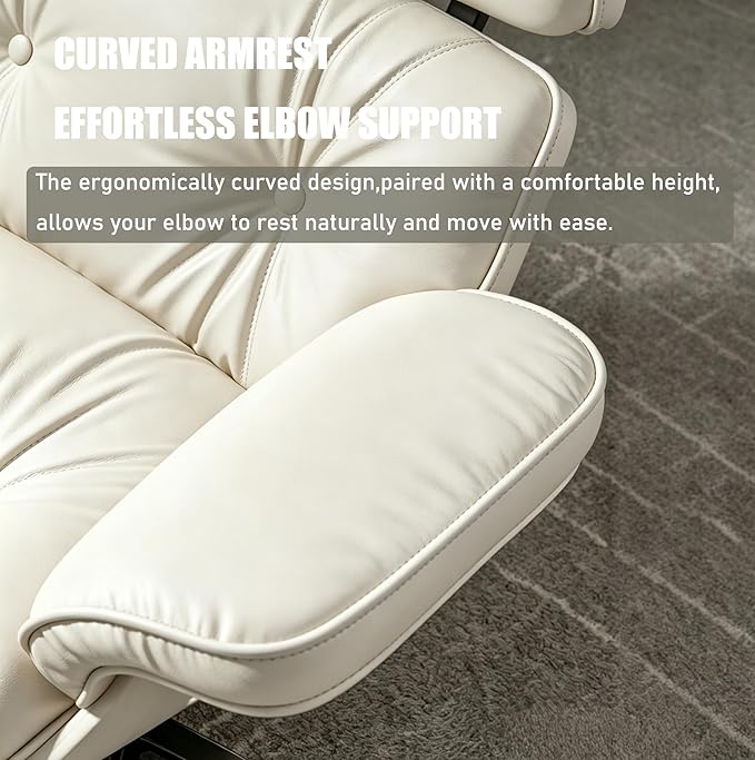 Mid Century Chaise Lounge Chair with Ottoman, Modern Retro Classic Design, PU Leather & Walnut Wood, Heavy Duty Metal Support, Comfortable for Living Room Bedroom Office（White-Premium）