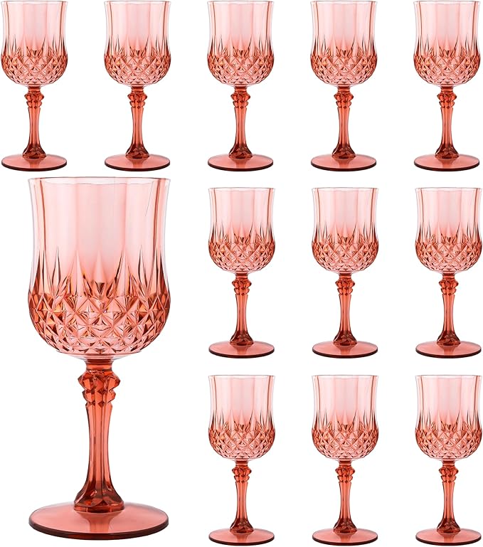 Plastic Wine Glasses, Plastic Goblets Vintage Style Cordial Drinking Glasses for Valentine’s Day, Wedding Reception, Grand Event Party Supplies (12, Rose Gold)
