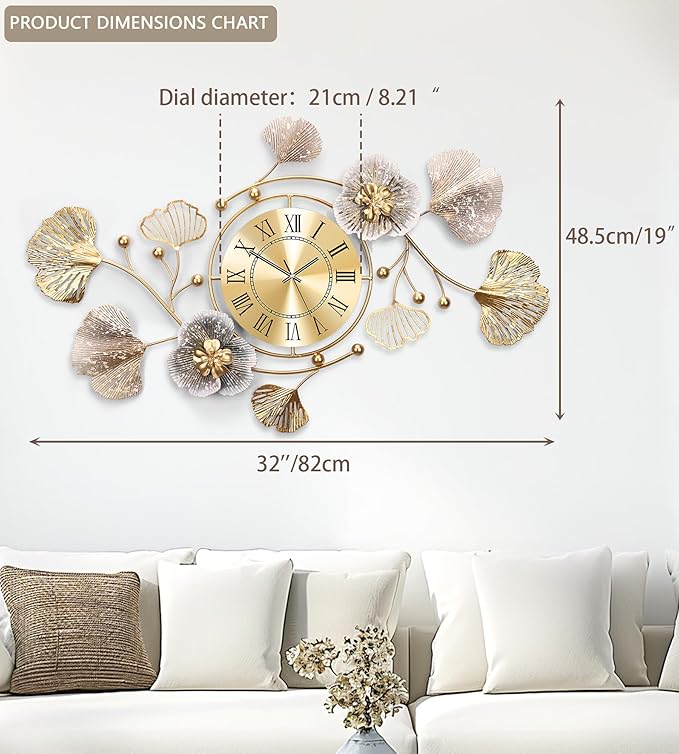 Clocks for Living Room, Large Wall Clock, 3D Silent Wall Clock, Retro Metal Ginkgo Leaf Design, for Bedroom Kitchen Decorative Wall Clocks（32''x18'' ）