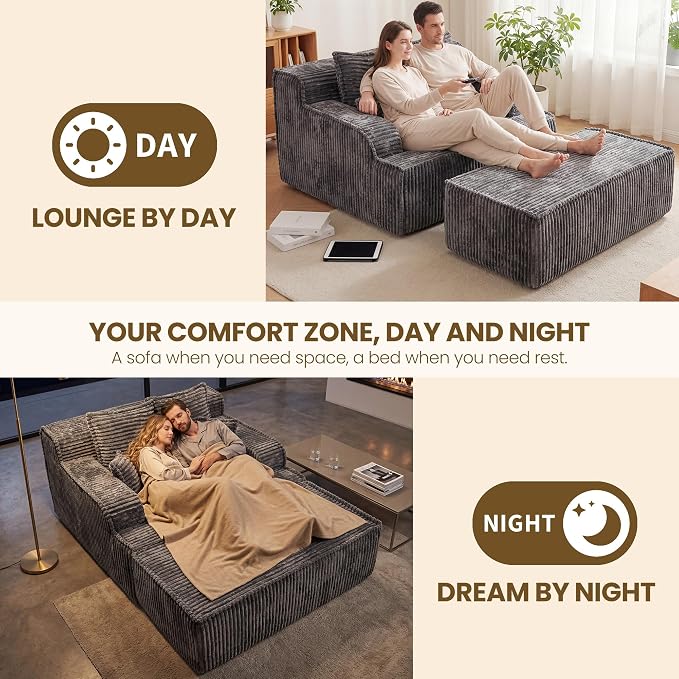 Chaise Lounge Chair Indoor,Boneless Chair with Ottoman,Comfy Reading Chair for Adults,Small Sofa Bed Couch for Living Room,Double Size,Grey