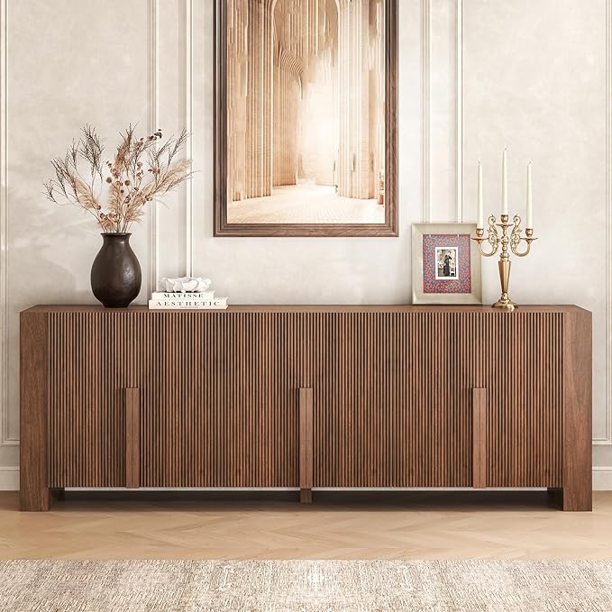 Fluted Sideboard Buffet Cabinet with Storage Cabintes, Farmhouse Storage Credenza Cabinet with Shelves, 78.75" Large Coffee Bar TV Stand for Living Room Kitchen Dining, Walnut