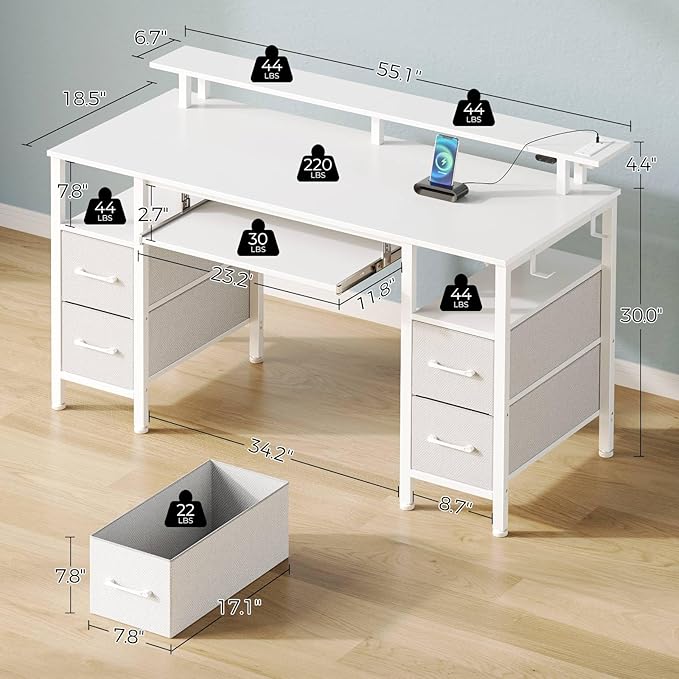 Seventable Computer Desk 55.1" with LED Lights & Power Outlets, Home Office Desk with 4 Drawers, Writing Desk with Keyboard Tray, Study Table with Monitor Stand, Work for Home Office, White