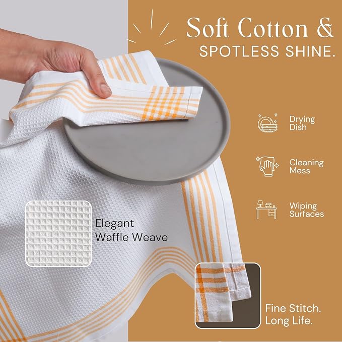 Waffle White & Mustard Yellow Set of 12 Kitchen Towels, 100% Cotton, 16x26 inches, Soft and Durable Dish Towel, Quick Dry Dishcloths, Ideal for Drying Dishes, Cleaning, Wiping