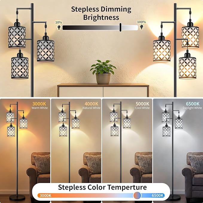 Dimmable Floor Lamp, Farmhouse Standing Lamp with Elegant Metal Cage, Industrial Tall Tree Floor Lamps for Living Room, Bedroom, Study Room, Office, 3 x 1100LM LED Bulbs Included, 72",Black