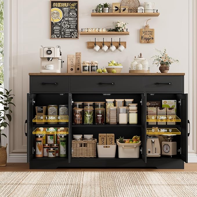 HOSTACK Buffet Sideboard Cabinet with Drawers, 55" Large Buffet Storage Cabinet with Shelves and Doors, Modern Farmhouse Coffee Bar Station for Kitchen, Dining Room, Black/Rustic Brown