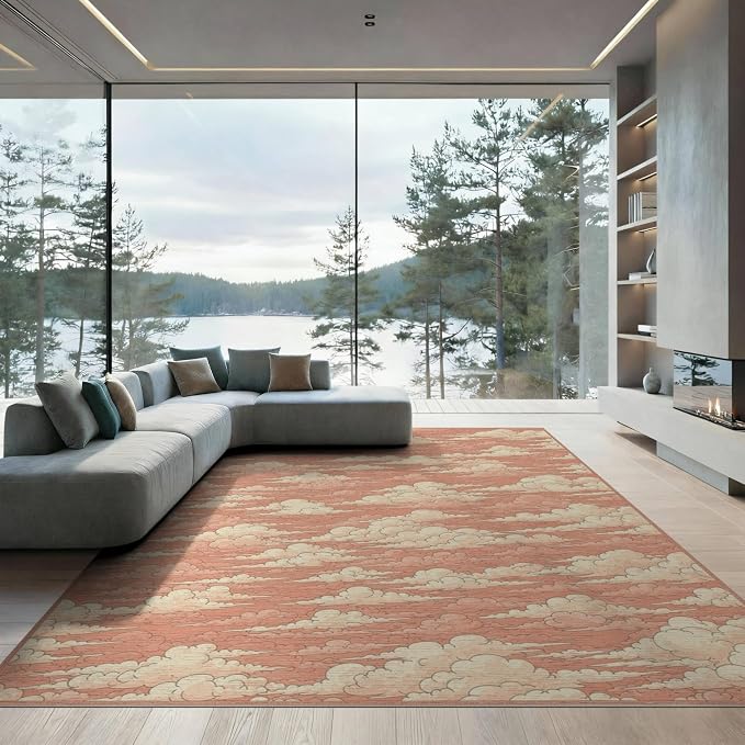 9'x12' Washable Flatwoven Rug, Peach Aesthetic Graphic Stain Resistant Massive Carpet for Dining Room, Basement, Large Office, Non-Slip Chair-Friendly Mat | Ref:2208262