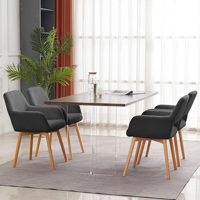 Mid Century Modern Dining Chairs Set of 6 & 4 & 2 Comfy Accent Chair Upholstered Kitchen Dining Living Room Chairs for Bedrooms Waiting Room Home Arm Desk Chair No Wheels (Wool Dark Gray, 6)
