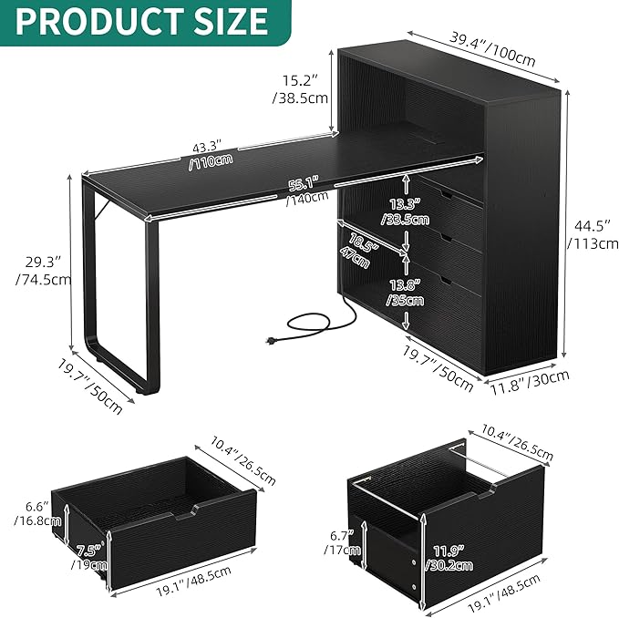 YITAHOME L Shaped Desk with Power Outlets & LED Lights & File Cabinet, 55" Corner Computer Desk with 3 Drawers & 3 Storage Shelves, Home Office Desk with Bookshelf, Black
