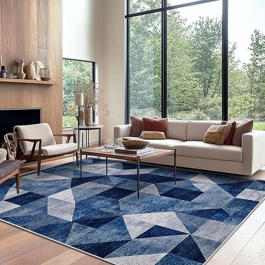 9x12 Navy Blue Area Rug Modern Geometric Blue White Beige Bedroom Rug Soft Low Pile Thin Large Carpet Living Room Non Slip Dining Room Stain Resistant Office Washable Machine