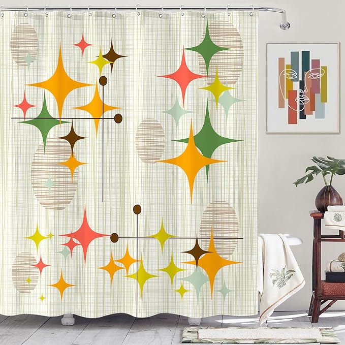 Long Mid Century Modern Shower Curtain Retro Stars Shower Curtains for Bathroom Abstract Vintage Boho Art Waterproof Fabric Bath Curtain Decor (Yellow1, 72'' x 78'')
