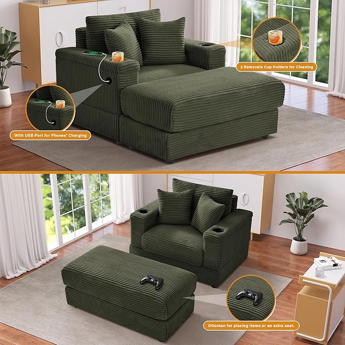 Oversized Chaise Lounge Chair Indoor with Adjustable Backrest, USB, Cup Holder & Ottoman, Firm Solid Wood Frame with Long Service Life Corduroy Oversized Lounge Reading Chair for Study Room - Green