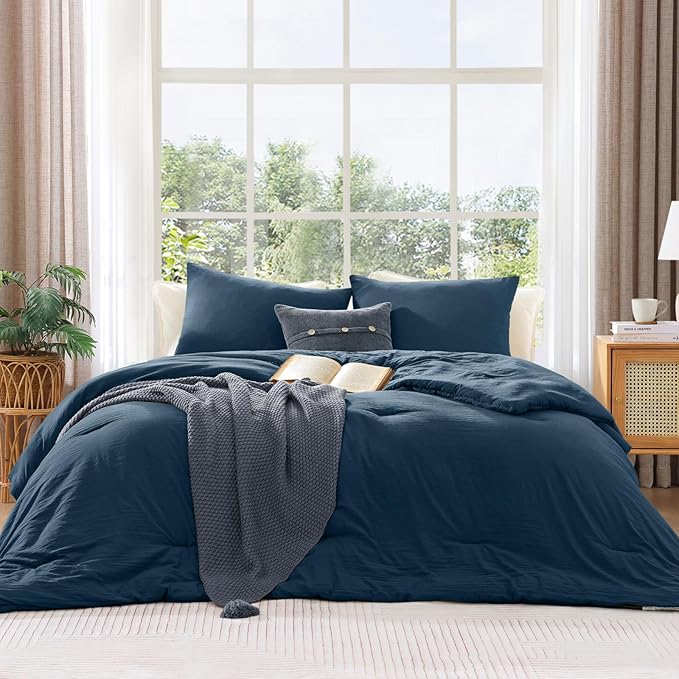 WRENSONGE Full Size Comforter Sets - 3 Pieces Serenity Blue Comforter Prewashed Soft Lightweight for All Seasons, Fluffy Down Alternative Comforter Full Size with 2 Pillow Shams