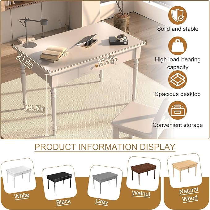Solid Wood French Country Desk,Writing Desk with Storage Drawers,Farmhouse Computer Table Makeup Table Modern Simple Style,for Home Office Living Room Study Workspace Bedroom (White, 31.5IN)