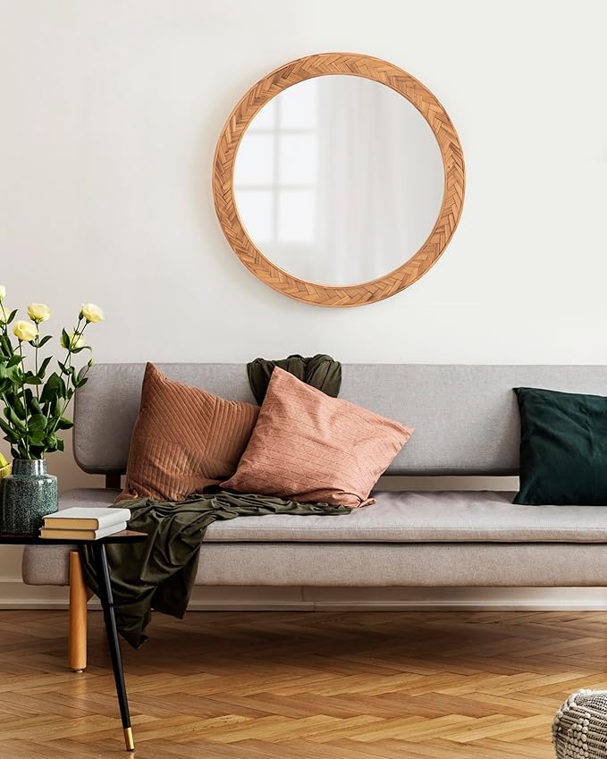 Kate and Laurel Braywood Modern Pieced Wood Round Mirror, 24 Inch Diameter, Rustic Brown, Decorative Circle Mirror for Use as Coastal Bathroom Mirror for Over Sink or Accent Bedroom Mirror