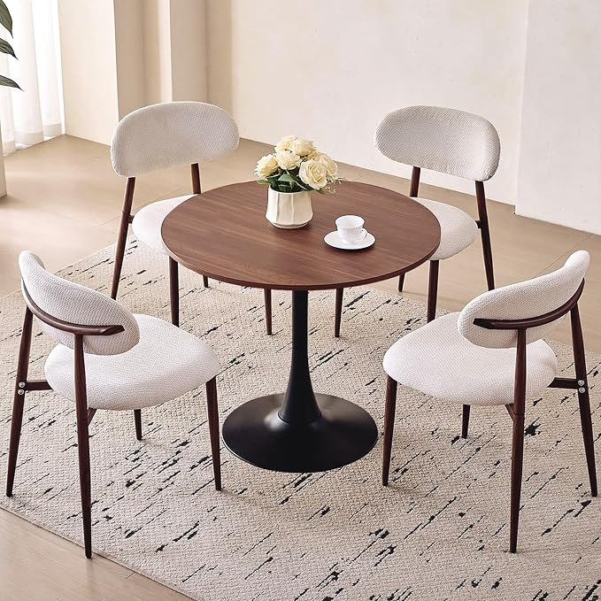 31.5" Round Dining Table for 2-4 Modern Circle Tulip Table with Metal Black Tulip Pedestal Base for Kitchen Dining Living Room Apartment Small Space Cafe, Brown