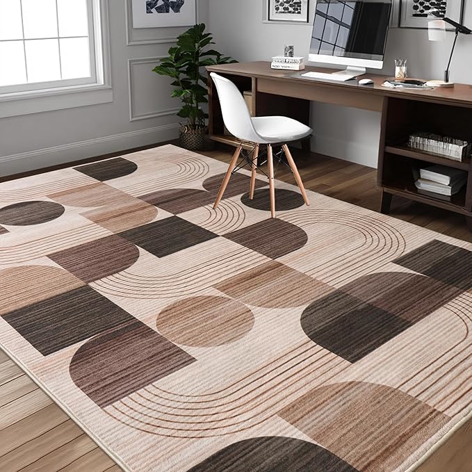 Large Machine Washable 5x7 Area Rug, Soft Modern Geometric Abstract Brown Rugs for Bedroom Living Room, Non-Shedding Faux Wool Indoor Throw Floor Carpet for Office Entryway Dining Room Decor