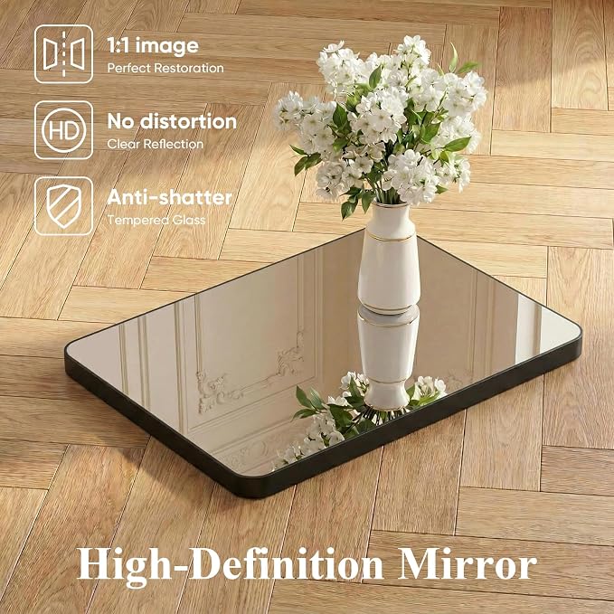 Sweetcrispy Bathroom Mirror for Over Sink, 20x28 Inch Wall Mount Mirror with a Rounded Rectangle and Matte Metal Frame, Modern Wall Vanity Mirrors for Home Decor, Living Room, Bedroom, Black