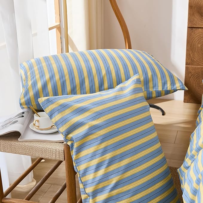 Merryword 100% Cotton Duvet Cover Set King Size, Blue & Yellow Striped Bedding Set with Zipper Closure and 8 Corner Ties, Modern Coastal Style Comforter Cover Set 3 Pieces