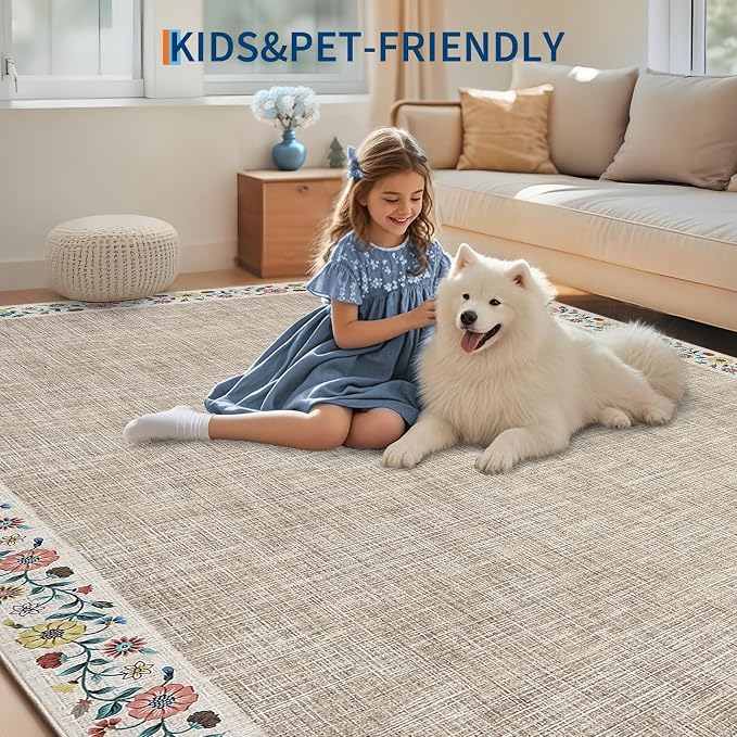 GarveeHome 10x13 Machine Washable Rugs for Living Room Large Area Rug Modern Floral Indoor Accent Carpet Low Pile Carpet Soft Throw Aesthetic Floor Cover for Bedroom Laundry Dining Room, Light Camel