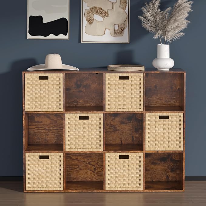 Wooden 12 Cube Storage Organizer with Closed Back Panel,Brown Cube Shelf Cubby Storage Organizer with Compartments for Living,Bookshelf, Easy to Install (Retro Brown, 12-Cube-11in)