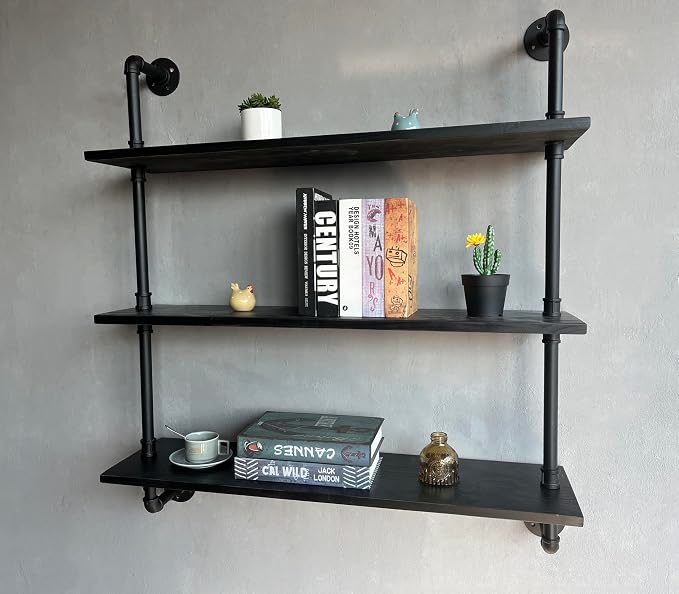 HDDFER Industrial Pipe Shelf Shelving Bookcase, Wall Mounted Rustic Bookshelf, Floating Bookshelves for Wall,Retro Wood Metal Pipe Industrial Shelves for Living Room