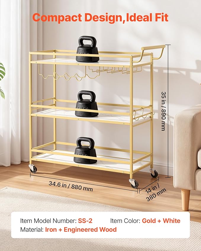 VEVOR Bar Cart, 3 Tiers Home Kitchen Serving Carts, Modern Rolling Utility Station on Wheels, Mobile Drink Beverage Trolley with Wooden Shelf, Wine Rack, and Glass Holder, 35.83x12.99x36.81 in, Gold