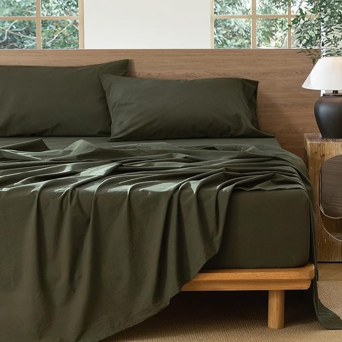 MooMee Bedding Sheet Set 100% Washed Cotton Linen Like Textured Breathable Durable Soft Comfy (Solid Olive Green, Full)