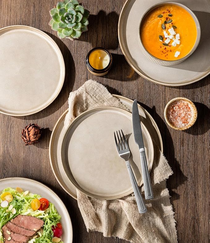 GBHOME 24-Piece Stoneware Dinnerware Set for 8 – Ribbed Ceramic Plates and Bowls, Scratch-Resistant, Microwave & Dishwasher Safe, Reactive Glaze, Cappuccino