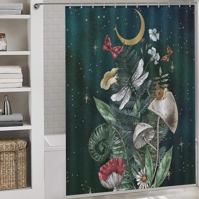 Mushroom Shower Curtain for Bathroom, Fairy Botanical Mushroom Cottagecore Gothic Moth Moon Star Nature Plants Herbs Retro Vintage VWaterproof Fabric Shower Curtain Set with Hooks, 72"x72" Inch