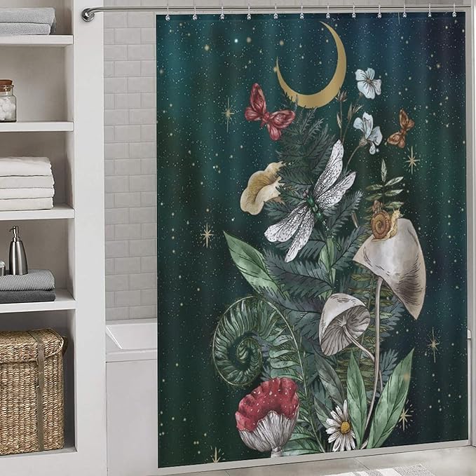 Mushroom Shower Curtain for Bathroom, Fairy Botanical Mushroom Cottagecore Gothic Moth Moon Star Nature Plants Herbs Retro Vintage VWaterproof Fabric Shower Curtain Set with Hooks, 72"x84" Inch