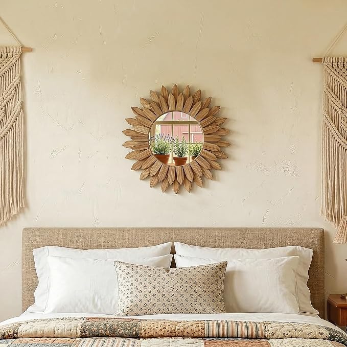 Boho Wood Sunburst Round Wall Mirror, 20 Inch Rustic Circle Wooden Frame Decorative Mirror for Farmhouse Coastal Home, Home Wall Decor for Living Room Entryway Bedroom, Light Wood
