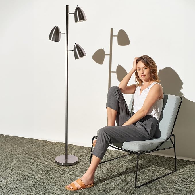 Brightech Jacob LED Standing Lamp, Modern Bright Floor Lamps for Living Rooms & Bedrooms, Tall LED Lighting Lamp with Adjustable 3 Light Tree – Satin Nickel