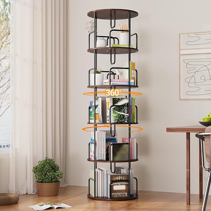 YZU Rotating Bookshelf 5 Tier 360 ° Display Spinning Bookshelf Tower, Revolving Bookcase Narrow Space Saving Swivel Book Shelf Corner Storage Organizer for Bedroom, Living Room Corner, Office (Brown)