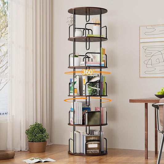 YZU Rotating Bookshelf 5 Tier 360 ° Display Spinning Bookshelf Tower, Revolving Bookcase Narrow Space Saving Swivel Book Shelf Corner Storage Organizer for Bedroom, Living Room Corner, Office (Brown)