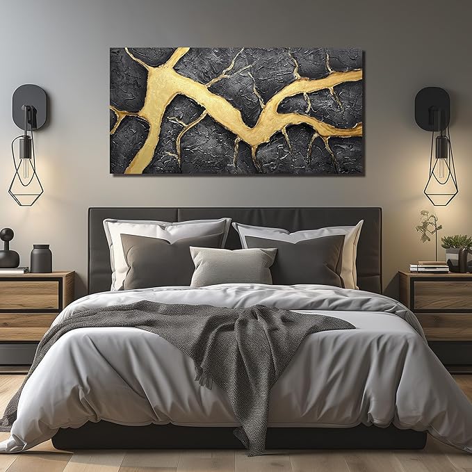 DNIEOTU Hand Painted Abstract Wall Art for Living Room, Black and Gold Canvas Wall-Decor for Bedroom, 3D Textured Paintings for Hallway Office, Large Size 59 x 29 Inches