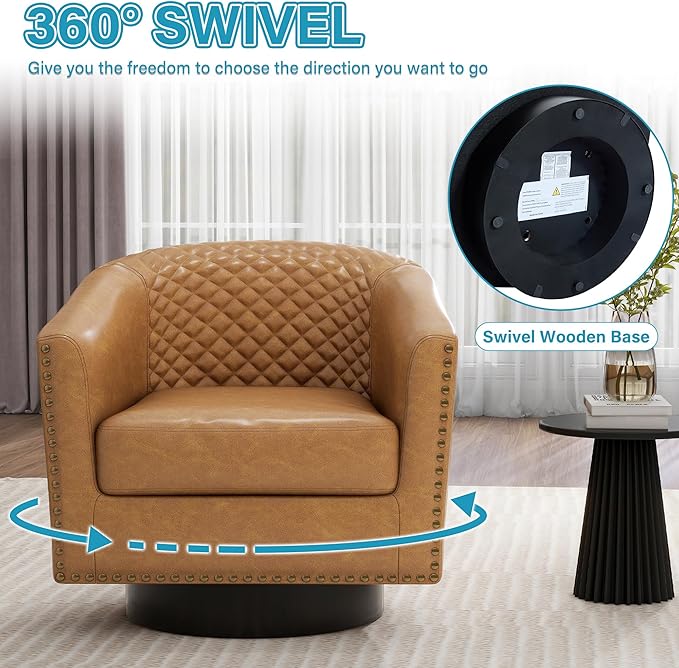 UIXE Faux Leather Swivel Barrel Accent Chair, Upholstered Round Armchair Club Chair for Living Room, Comfy Single Sofa Bedroom Reading Seat - Coffee