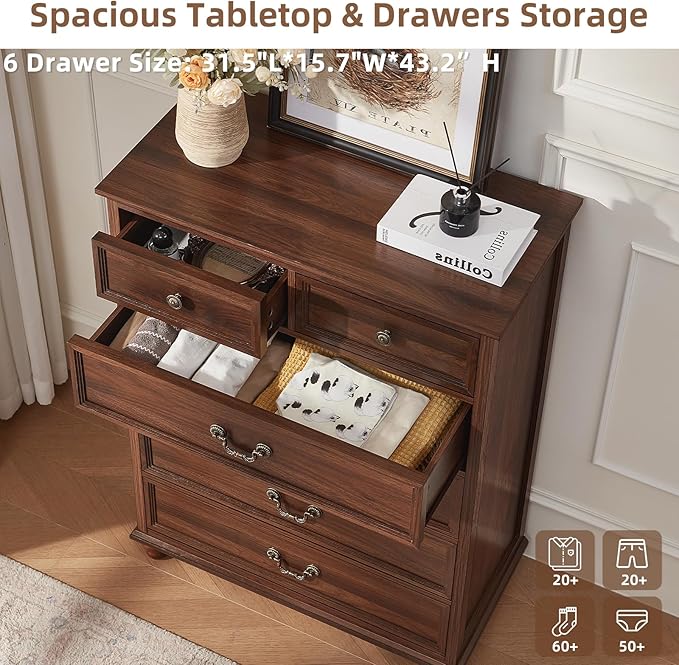 Farmhouse 6 Drawer Dresser Set of 2 for Bedroom, 42" Tall Rustic Chests of Drawers w/ 4 Solid Wood Feet, Mid Century Vintage Wooden Closet Storage Dressers Organizer for Living Room,Brown