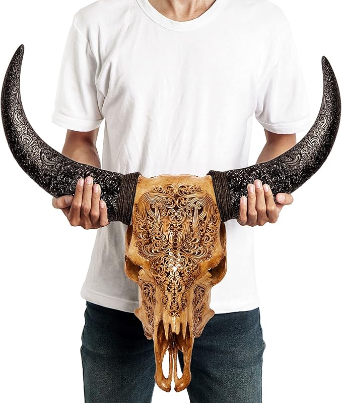 Skull Bliss - Hand-Carved Real Authentic Taxidermy Cow Skull/Bull Skull Wall Decor with Horns/Real Animal Cow Skull Wall Decor (Hand-Carved Horns)
