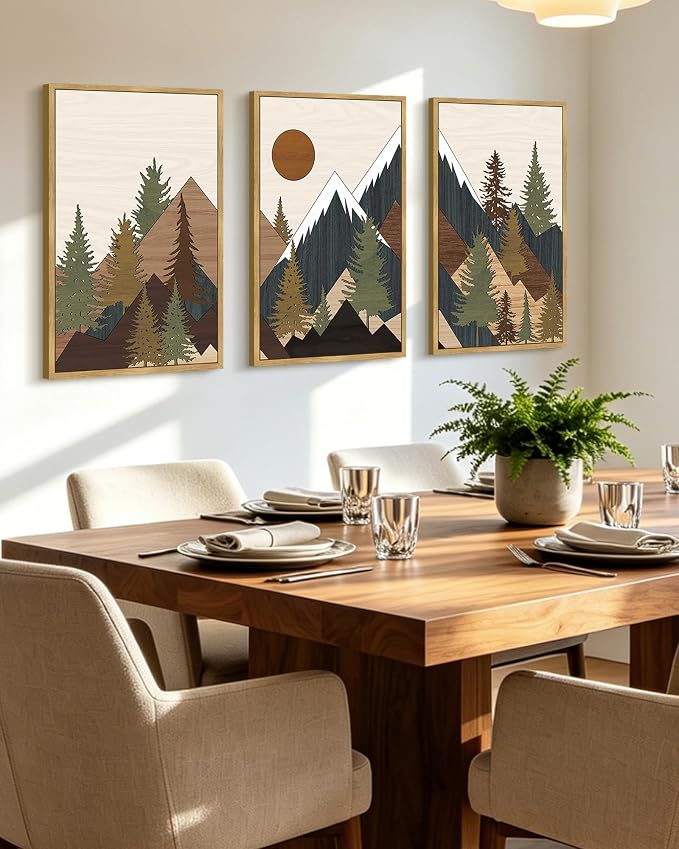 KUVIOKE Morden Mountains Framed Wall Art Boho Pine Tree Forest Nature Landscape Artwork Bohemain Farmhouse Rustic Bedroom Living Room Decor 16x24in (Natural Framed)