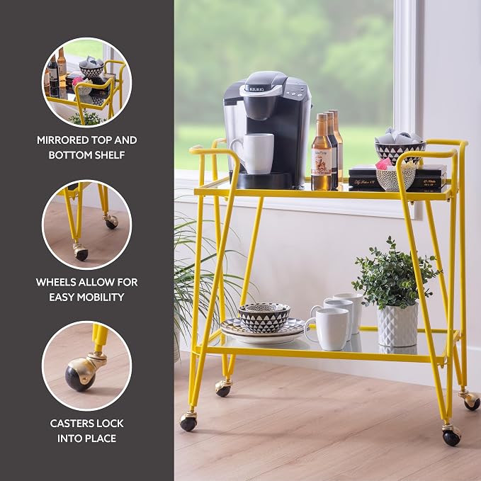 Linon Gina Yellow Mid Century Bar Cart with Mirrored Shelves