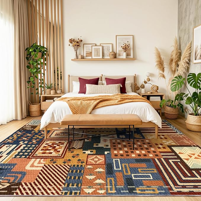 9x12 Southwestern Patchwork Large Area Rug, Geometric Tribal Colorful Rugs for Living Room, Non-Slip Stain Resistant Washable Indoor Carpet for Bedroom, Entryway, Dining Room, Home Office Decor