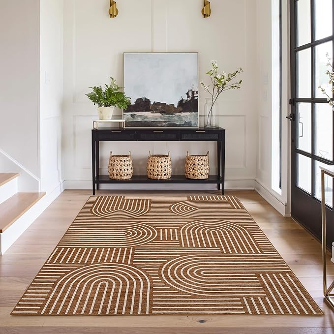 Washable Rug 5x7 Area Rugs for Living Room, Abstract Rug for Bedroom, Soft Rainbow Non Slip Throw Rugs with Rubber Back, Low Pile Stain Resistant Boho Geometric Carpet for Dining Room, Copper