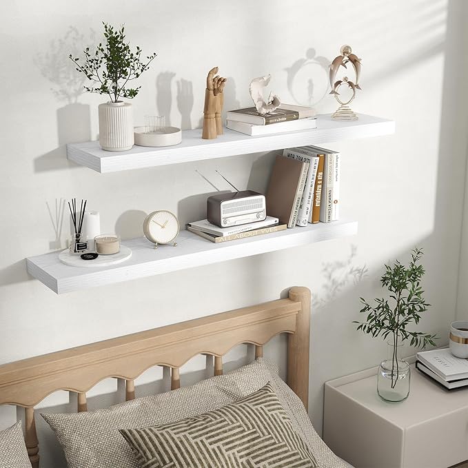 Fun Memories Rustic Floating Wall Shelves, Wall Mounted Wood Storage & Display Shelves for Bathroom, Bedroom, Living Room or Kitchen, (Set of 2, White, 40 in)