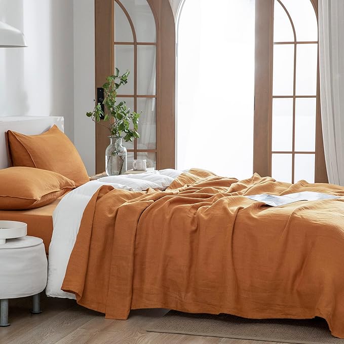 EVERLY Linen Sheets Set King Size,100% French Stonewash Pure Linen Sheets Set,4Pieces (1Flat Sheet,1Fitted Sheet,2Pillowcase) Suitable for Hot Sleepers,Deep Pocket Natural Bedding Set-Caramel