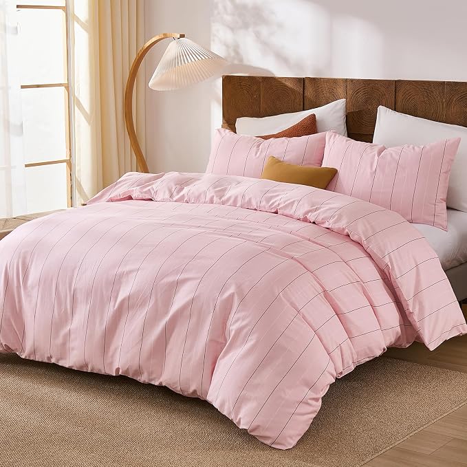 Merryword Pink Striped Duvet Cover Set Queen Size - 100% Cotton Bedding Set with Wide Zipper & 8 Corner Ties, Soft Breathable Bedding Set Elegant Pastel Comforter Cover for All Seasons