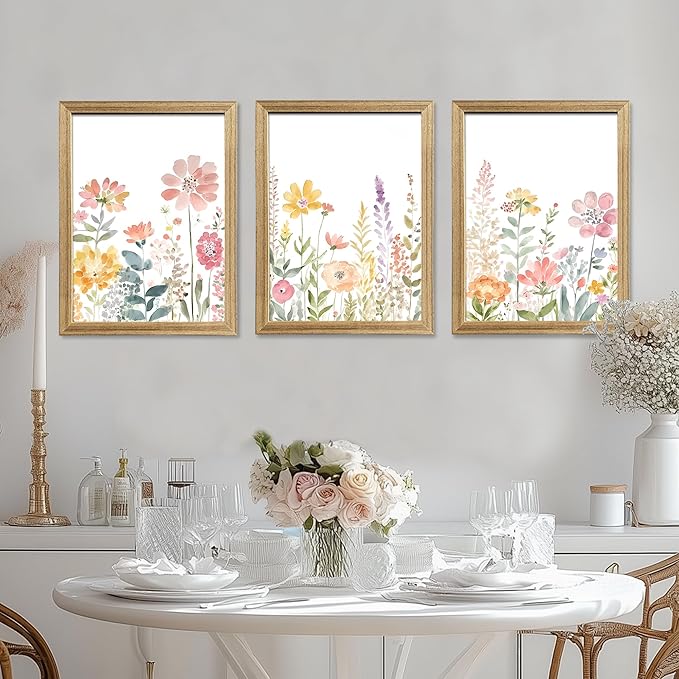 PicturePerfect Decor Watercolor Wildflower Wall Art Set of 3, 12x16Inch Framed Canvas Prints, Pastel Floral Decor for Living Room Bedroom Bathroom Office Hallway, Spring Meadow Decor, Wood Frame
