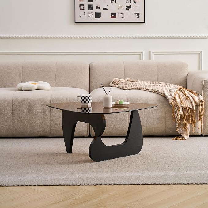 35.8'' Modern Brown Glass Coffee Table with Geometry Base, Triangle Shape Coffee Table for Living Room Office, Black Finish Wood Base, Mid-Century Style Cocktail Center Table for Small Space