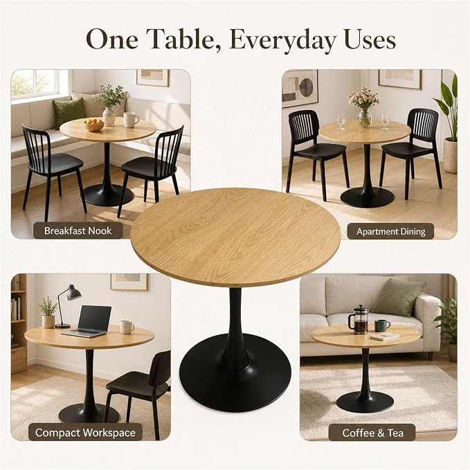 Modern 31.5" Round Tulip Dining Table Natural Wood Look Mid Century Pedestal Table for 2–4 Small Kitchen Table Apartment Breakfast Nook Compact Dining Room(No Chairs)