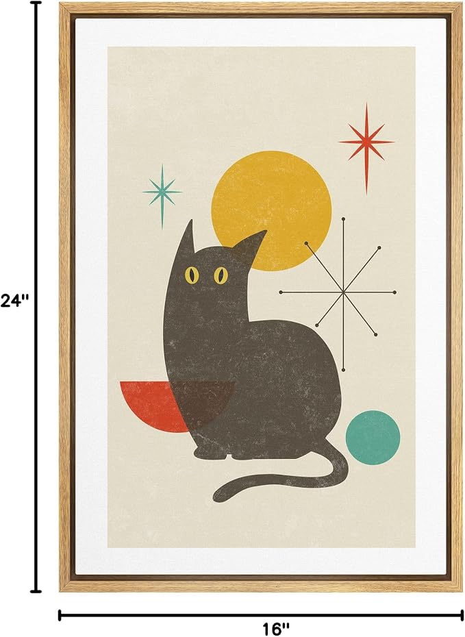 Woodrose Framed Canvas Print Wall Art Retro Vintage Geometric Black Cat Animals Shapes Illustrations Modern Minimalist Chic Relax/Calm Multicolor for Living Room, Bedroom, Office - 16"x24" Natural